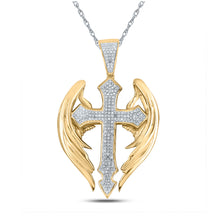 Load image into Gallery viewer, 10kt Yellow Gold Mens Round Diamond Wings Cross Charm Pendant 1/2 Cttw
