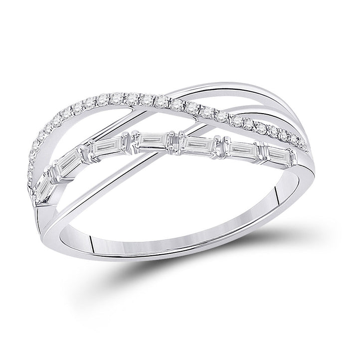 14kt White Gold Womens Baguette Round Diamond Crossover Band Ring 1/4 Cttw