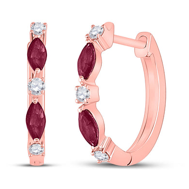 14kt Rose Gold Womens Marquise Ruby Diamond Hoop Earrings 1/2 Cttw