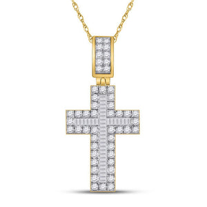 10kt Yellow Gold Mens Baguette Diamond Cross Charm Pendant 1-5/8 Cttw