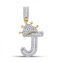 Load image into Gallery viewer, 10kt Yellow Gold Mens Baguette Diamond Crown J Letter Charm Pendant 1/2 Cttw

