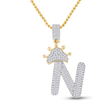 Load image into Gallery viewer, 10kt Yellow Gold Mens Baguette Diamond Crown N Letter Charm Pendant 3/4 Cttw

