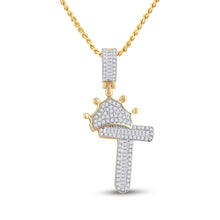 Load image into Gallery viewer, 10kt Yellow Gold Mens Baguette Diamond Crown T Letter Charm Pendant 1/2 Cttw
