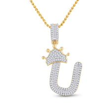 Load image into Gallery viewer, 10kt Yellow Gold Mens Baguette Diamond Crown U Letter Charm Pendant 5/8 Cttw
