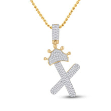 Load image into Gallery viewer, 10kt Yellow Gold Mens Baguette Diamond Crown X Letter Charm Pendant 5/8 Cttw
