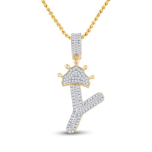Load image into Gallery viewer, 10kt Yellow Gold Mens Baguette Diamond Crown Y Letter Charm Pendant 1/2 Cttw
