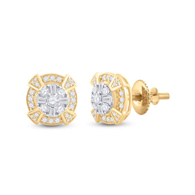 14kt Yellow Gold Mens Baguette Diamond Circle Cluster Earrings 3/4 Cttw