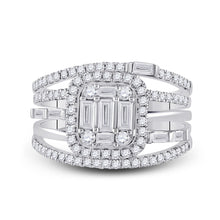 Load image into Gallery viewer, 14kt White Gold Baguette Diamond Halo Bridal Wedding Ring Band Set 1 Cttw
