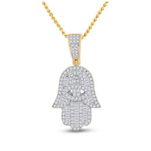 Load image into Gallery viewer, 14kt Yellow Gold Mens Baguette Diamond Hamsa Hand Charm Pendant 1/2 Cttw
