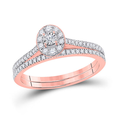 10kt Rose Gold Round Diamond Oval Bridal Wedding Ring Band Set 1/3 Cttw