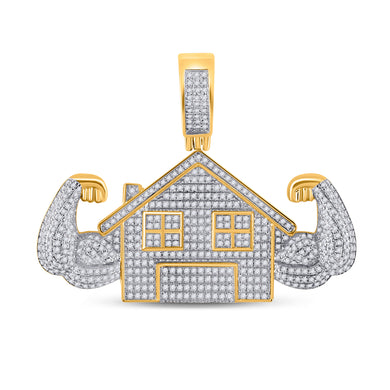 10kt Yellow Gold Mens Round Diamond Flex Trap House Charm Pendant 1-1/2 Cttw