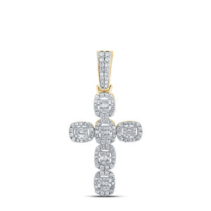 10kt Yellow Gold Mens Baguette Diamond Cross Charm Pendant 1-1/3 Cttw