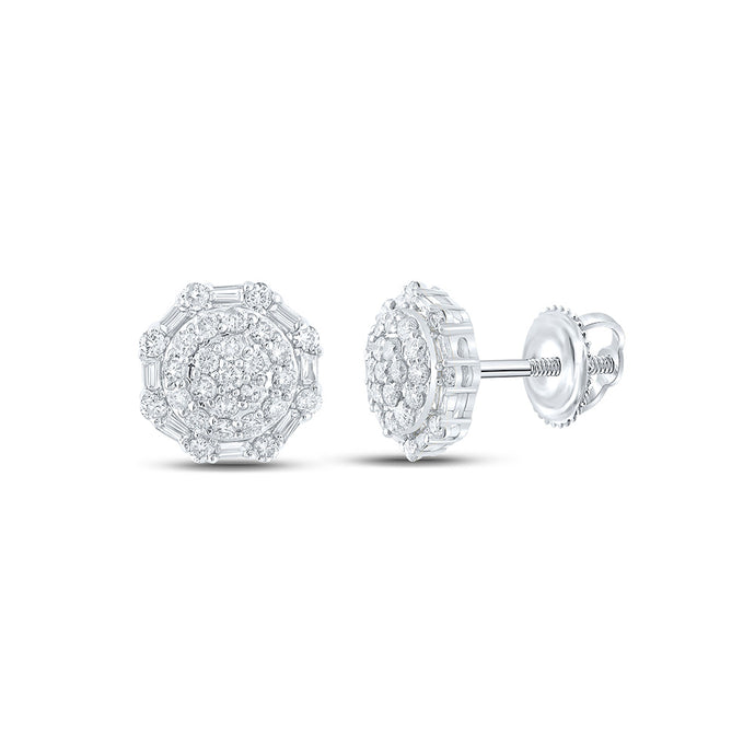 10kt White Gold Mens Round Diamond Octagon Cluster Earrings 5/8 Cttw