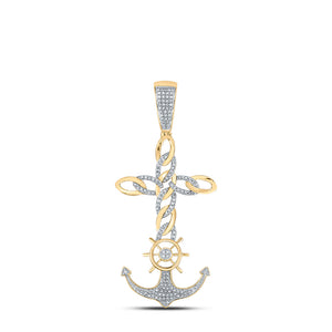 10kt Yellow Gold Mens Round Diamond Anchor Cross Charm Pendant 3/8 Cttw