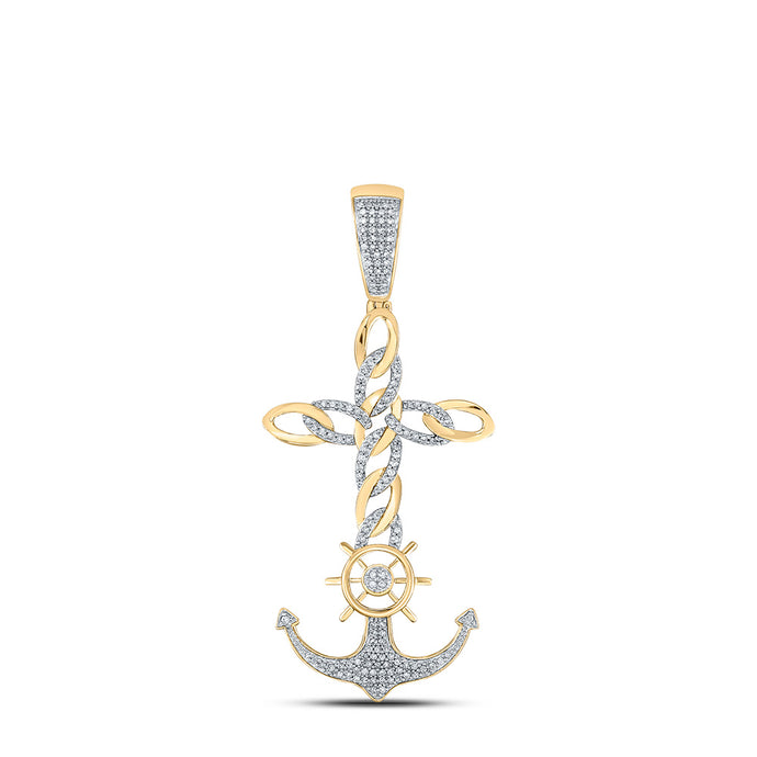 10kt Yellow Gold Mens Round Diamond Anchor Cross Charm Pendant 3/8 Cttw