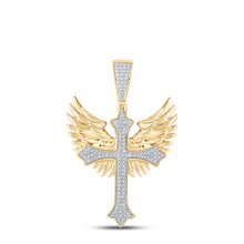 Load image into Gallery viewer, 10kt Yellow Gold Mens Round Diamond Wing Cross Charm Pendant 3/8 Cttw
