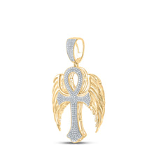 Load image into Gallery viewer, 10kt Yellow Gold Mens Round Diamond Wing Ankh Cross Charm Pendant 5/8 Cttw
