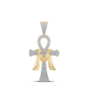 10kt Yellow Gold Mens Round Diamond Ankh Cross Charm Pendant 3/4 Cttw