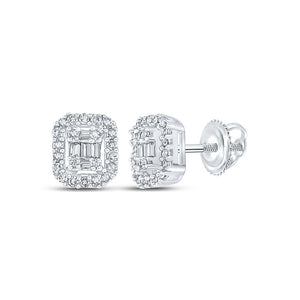 10kt White Gold Mens Baguette Diamond Cluster Earrings 1/4 Cttw