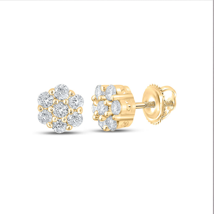10kt Yellow Gold Mens Round Diamond Flower Cluster Earrings 1/4 Cttw