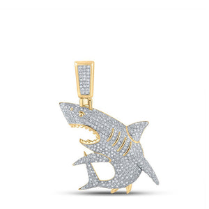 10kt Yellow Gold Mens Round Diamond Shark Animal Charm Pendant 7/8 Cttw