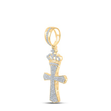 Load image into Gallery viewer, 10kt Yellow Gold Mens Round Diamond Crown King Cross Charm Pendant 1/2 Cttw
