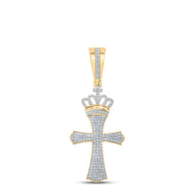 Load image into Gallery viewer, 10kt Yellow Gold Mens Round Diamond Crown King Cross Charm Pendant 1/2 Cttw
