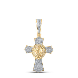 10kt Yellow Gold Mens Round Diamond Lion Face Cross Charm Pendant 1/2 Cttw