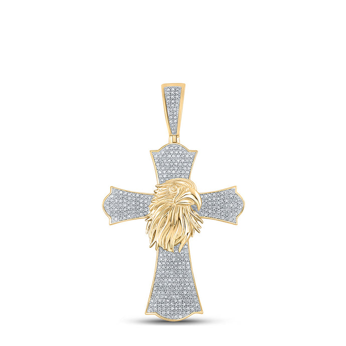 10kt Yellow Gold Mens Round Diamond Eagle Cross Charm Pendant 1 Cttw