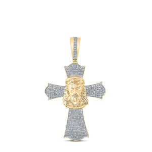 10kt Yellow Gold Mens Round Diamond Jesus Cross Charm Pendant 1 Cttw