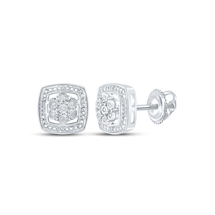 Sterling Silver Womens Round Diamond Square Earrings 1/20 Cttw