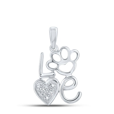 Sterling Silver Womens Round Diamond Love Paw Heart Pendant .03 Cttw