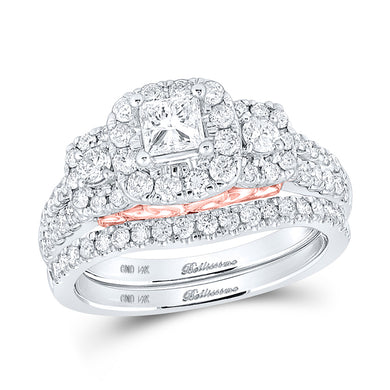 14kt Two-tone Gold Princess Diamond Halo Bridal Wedding Ring Band Set 1-1/2 Cttw