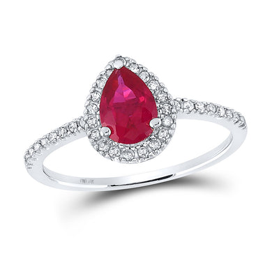 10kt White Gold Womens Pear Lab-Created Ruby Solitaire Ring 1 Cttw