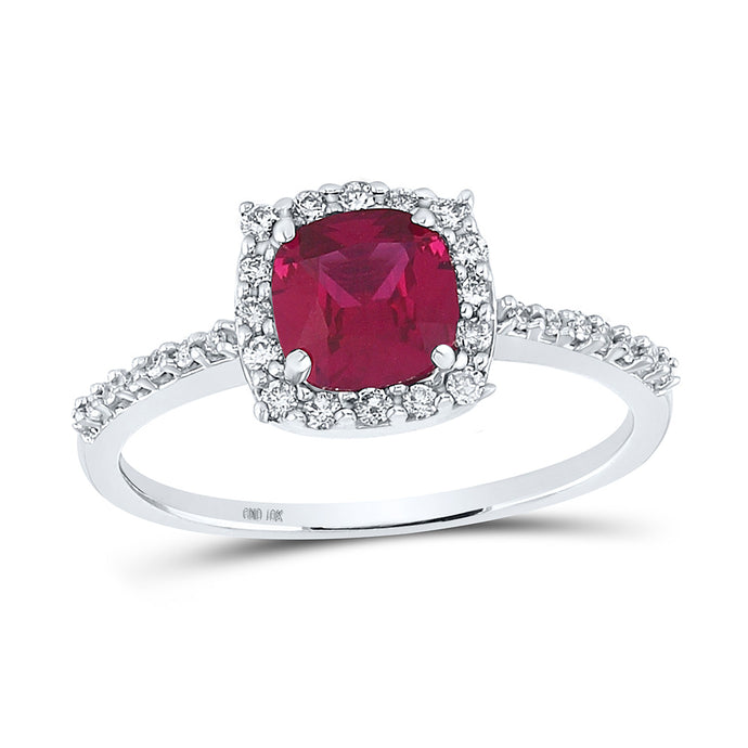10kt White Gold Womens Cushion Lab-Created Ruby Diamond Solitaire Ring 1-1/2 Cttw