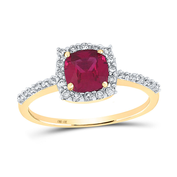 10kt Yellow Gold Womens Cushion Lab-Created Ruby Diamond Solitaire Ring 1-1/2 Cttw