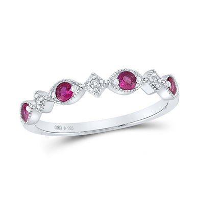 Sterling Silver Womens Round Lab-Created Ruby Diamond Band Ring 1/3 Cttw