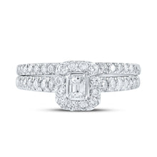 Load image into Gallery viewer, 10kt White Gold Emerald Diamond Halo Bridal Wedding Ring Band Set 3/4 Cttw

