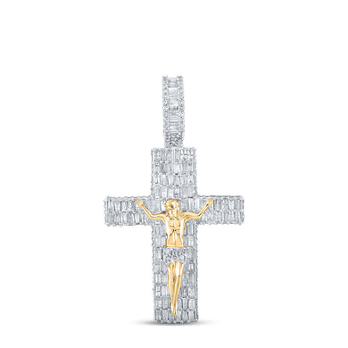 10kt Yellow Gold Mens Baguette Diamond Jesus Cross Charm Pendant 3-7/8 Cttw