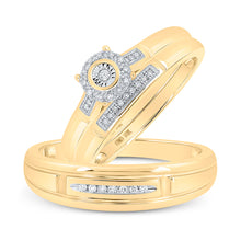 Load image into Gallery viewer, 10kt Yellow Gold His Hers Round Diamond Halo Matching Wedding Set 1/10 Cttw
