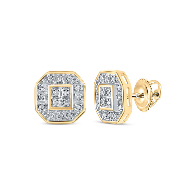 10kt Yellow Gold Womens Round Diamond Octagon Cluster Earrings 1/10 Cttw