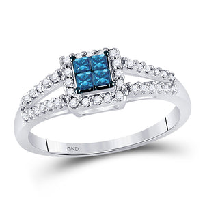 14kt White Gold Womens Princess Blue Color Enhanced Diamond Cluster Ring 1/3 Cttw