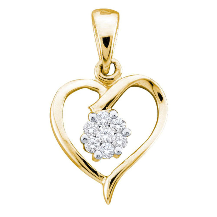 10kt Yellow Gold Womens Round Diamond Flower Cluster Heart Pendant 1/12 Cttw