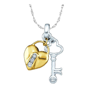 10kt Yellow Two-tone Gold Womens Round Diamond Heart Lock Key Pendant 1/20 Cttw