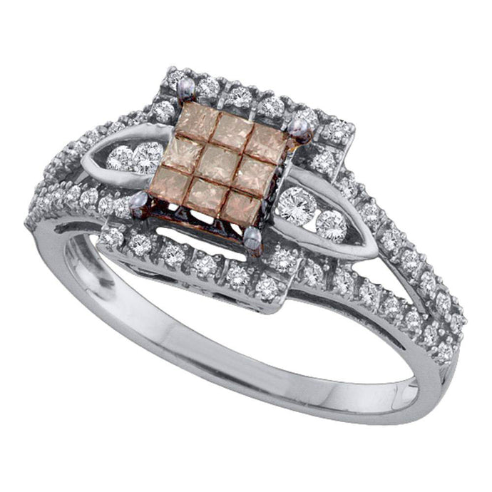 14kt White Gold Womens Princess Brown Diamond Square Cluster Ring 1/2 Cttw