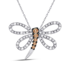 14kt White Gold Womens Round Brown Diamond Dragonfly Bug Pendant 1/4 Cttw