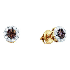 14kt Yellow Gold Womens Round Brown Diamond Flower Cluster Earrings 1/2 Cttw