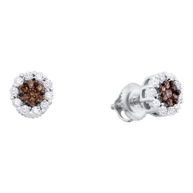 14k White Gold Womens Brown Diamond Halo Flower Cluster Stud Earrings 1/2 Cttw