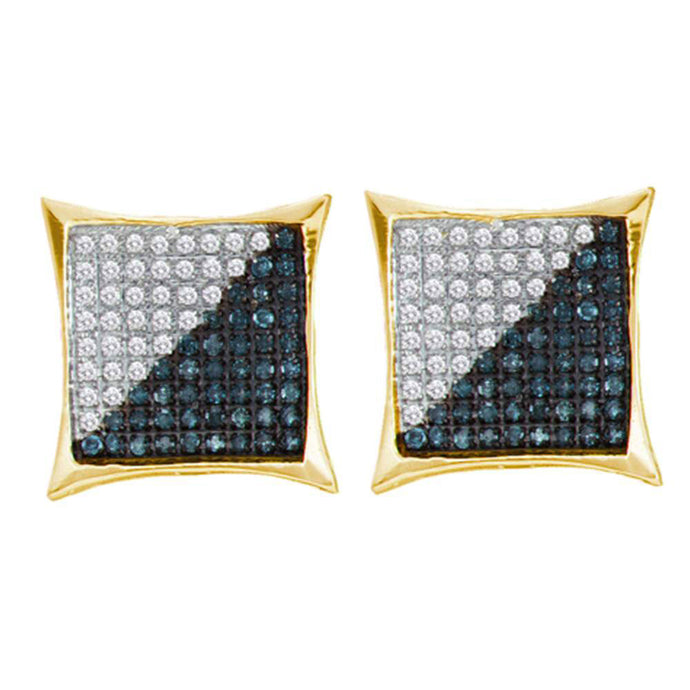 10kt Yellow Gold Mens Round Blue Color Enhanced Diamond Square Kite Cluster Earrings 1/3 Cttw