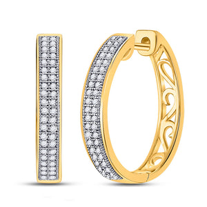 10kt Yellow Gold Womens Round Diamond Double Row Pave Hoop Earrings 1/4 Cttw